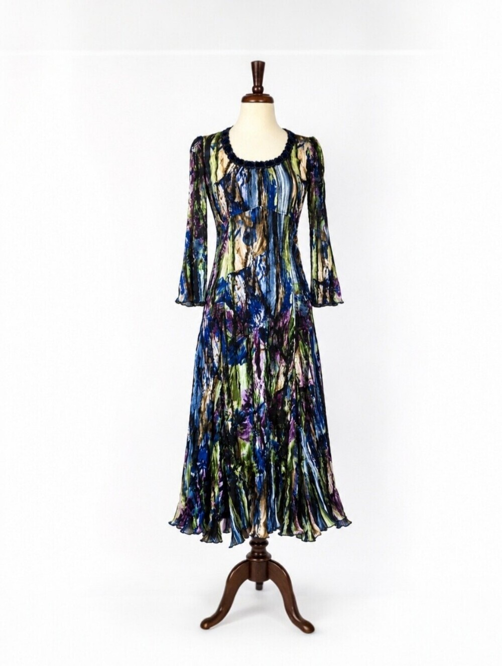 NWT Alberto Makali Pleated Midi Dress M Blue Green Abstract Beaded Velvet Trim